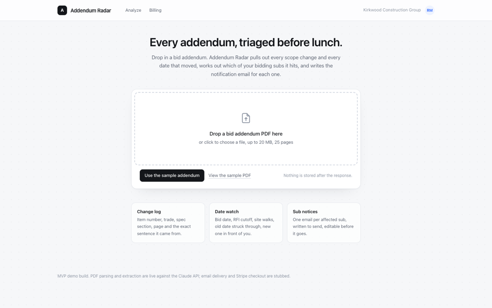 AI bid addendum parser: PDF scope changes to sub emails