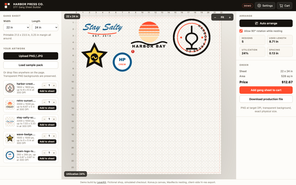 DTF gang sheet builder with auto nesting and print-ready export