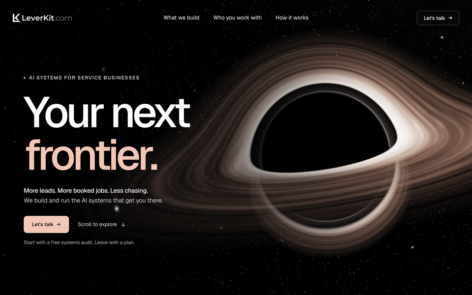 Next.js agency website with a WebGL black hole hero and scroll dive