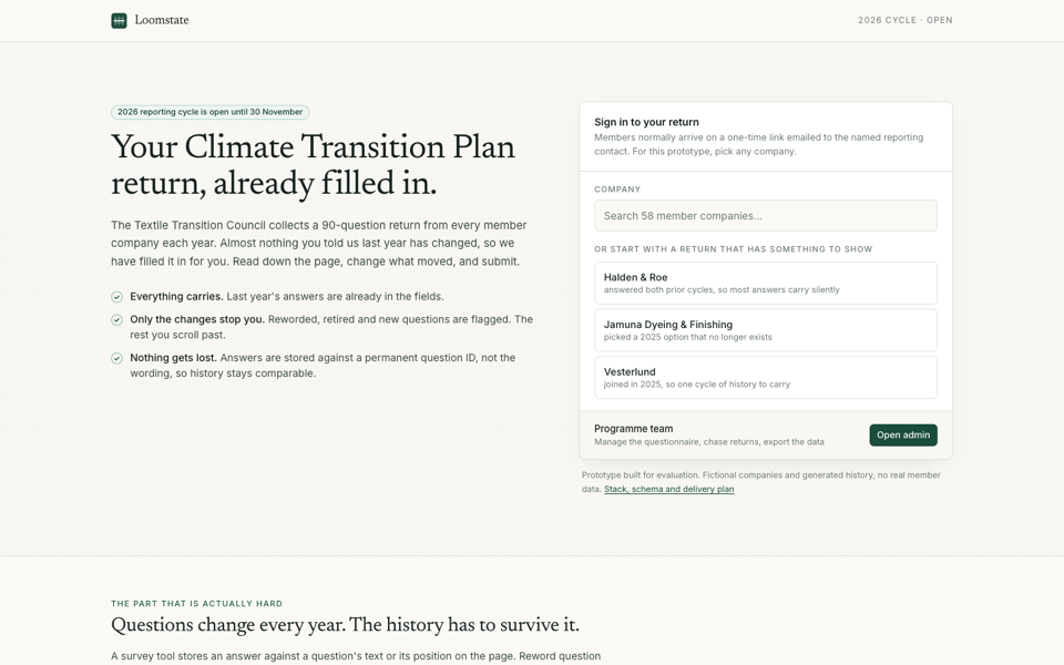 Versioned data-collection portal: Next.js + PostgreSQL