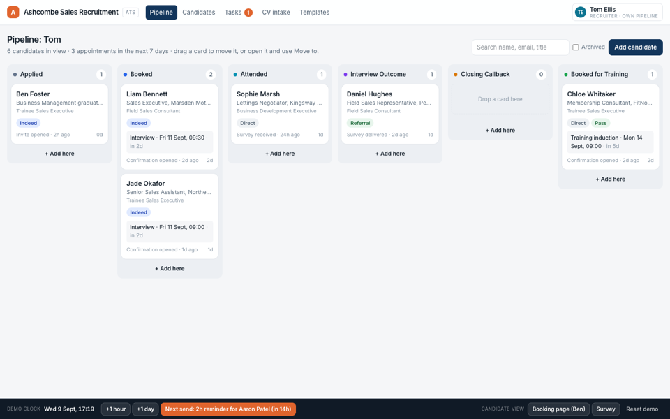 Applicant tracking system: kanban pipeline, booking, email automation