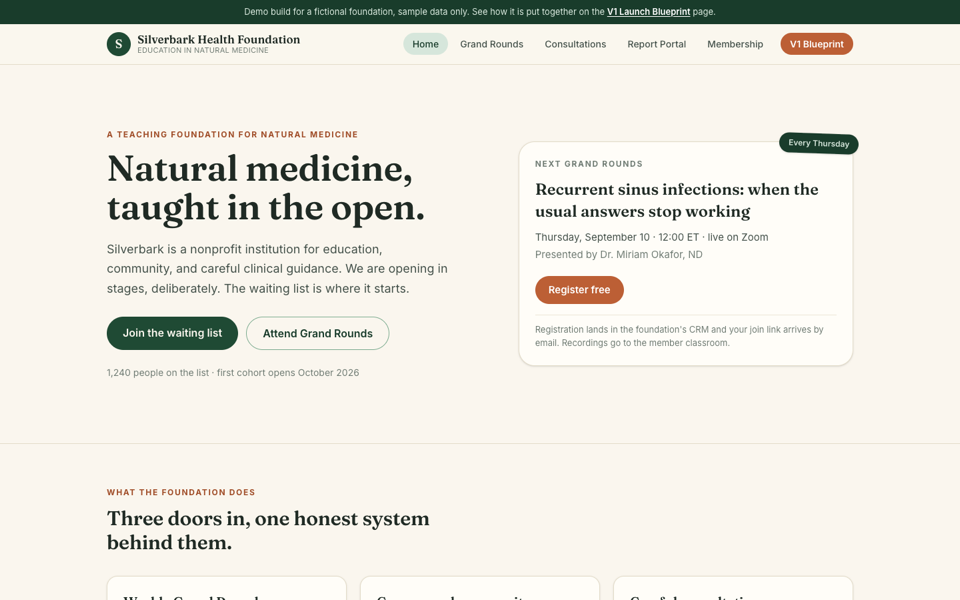 Nonprofit launch site: membership, Skool community, secure intake